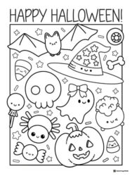 Kawaii Halloween Elements Coloring Page with Bats and Candies