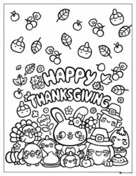Kawaii Thanksgiving Coloring Page with Bunny and Food Friends