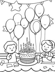 Kids Birthday Party Coloring Page with Cake and Balloons
