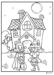 Kids Trick or Treating Coloring Page with Haunted House Scene
