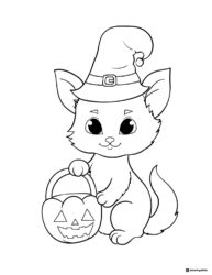 Kitten Witch Coloring Page with Hat and Pumpkin Candy Bucket