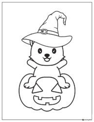 Kitten on Jack o Lantern Coloring Page with Witch Hat