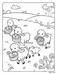 Lamb Easter Coloring Page with Baskets and Decorated Eggs
