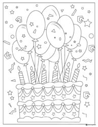 Layered Birthday Cake Coloring Page with Balloons and Stars
