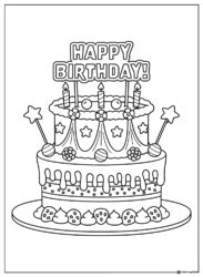 Layered Birthday Cake Coloring Page with Candles and Decor