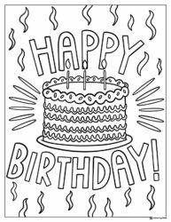 Layered Birthday Cake Coloring Page with Candles and Streamers