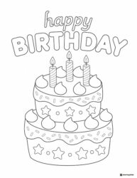 Layered Birthday Cake Coloring Page with Stars and Candles