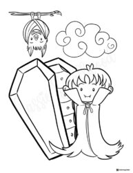 Little Vampire Coloring Sheet with Coffin and Hanging Bat