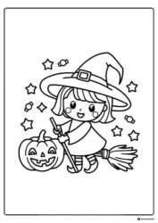Little Witch Coloring Page with Broomstick Stars and Pumpkin