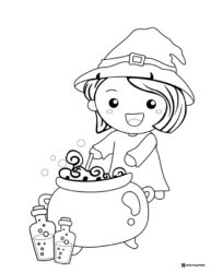 Little Witch Stirring Cauldron Coloring Sheet with Potions
