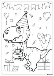 Party Dinosaur Coloring Page with Cake Balloons and Gifts