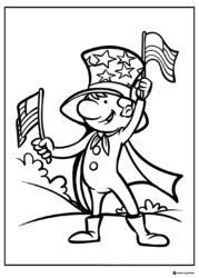 Patriotic Boy Coloring Page with American Flags and Star Hat