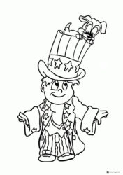Patriotic Boy Coloring Page with Stars and Puppy in Hat
