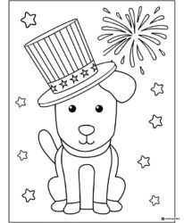 Patriotic Dog Coloring Page with Hat and Firework Display