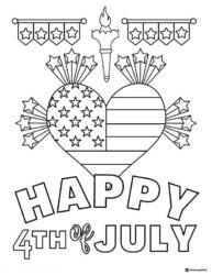 Patriotic Heart Coloring Page with Fireworks and Torch Decor