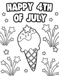 Patriotic Ice Cream Cone Coloring Page with Fireworks and Stars