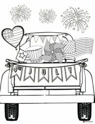Patriotic Truck Coloring Page with Flags Fireworks and Decor