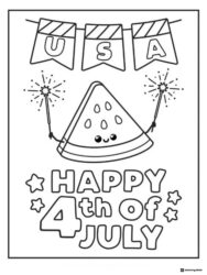 Patriotic Watermelon and Shades Coloring Page with 4th of July Banner