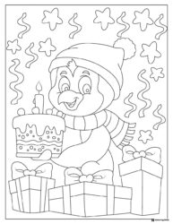 Penguin Birthday Coloring Page with Cake and Gift Boxes