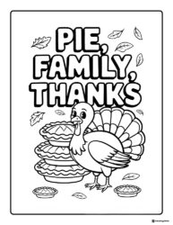 Pie Family Thanks Turkey Coloring Page with Stacked Pies and Falling Leaves
