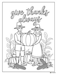Pilgrim Couple Coloring Page with Giant Pumpkin and Harvest