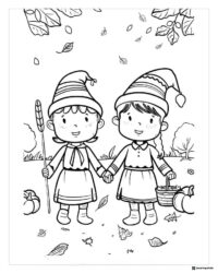 Pilgrim Kids Coloring Sheet with Leaves and Pumpkins