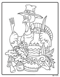 Pilgrim Turkey Coloring Page with Feast and Utensils