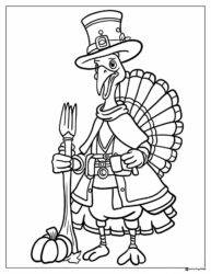 Pilgrim Turkey Coloring Page with Fork and Pumpkin
