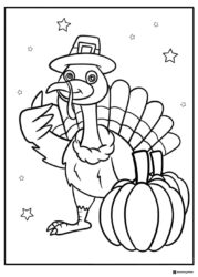 Pilgrim Turkey Coloring Page with Pumpkins and Stars