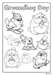 Playful Groundhog Day Coloring Page with Skating and Sledding
