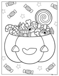 Pumpkin Bucket Coloring Page Filled with Candy and Stars