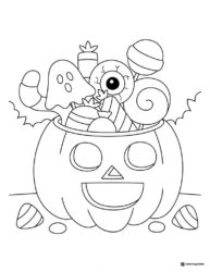 Pumpkin Candy Bucket Coloring Page with Halloween Treats
