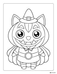 Pumpkin Cat Character Coloring Page with Witch Hat