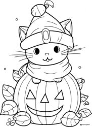 Pumpkin Cat Coloring Page with Leaves and a Tall Hat