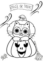 Pumpkin Cat Coloring Page with Trick or Treat Banner