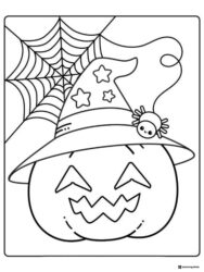 Pumpkin Coloring Page with Witch Hat and Spider on Web