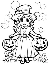 Pumpkin Girl Coloring Page with Two Jack o Lantern Buckets