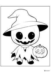 Pumpkin Head Character Coloring Page with Witch Hat