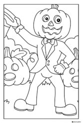 Pumpkin Head Man Coloring Page with Suit and Grinning Faces