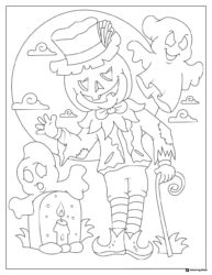 Pumpkin Head Scarecrow Coloring Page with Friendly Ghosts