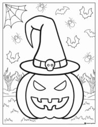 Pumpkin with Witch Hat and Spooky Forest Coloring Page