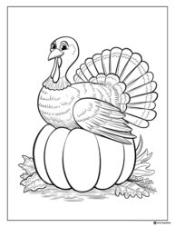 Realistic Turkey Coloring Page Sitting on a Pumpkin