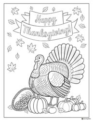 Realistic Turkey Coloring Page with Pumpkins and Cornucopia