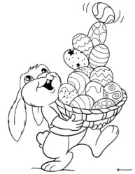 Running Bunny Coloring Page with Basket of Easter Eggs