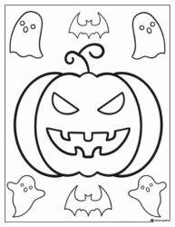 Scary Pumpkin Face Coloring Page with Ghosts and Bats