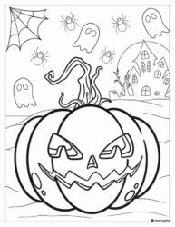Scary Pumpkin with Ghosts and Haunted House Coloring Page