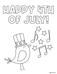Singing Bird Coloring Page with Patriotic Hat and Music Notes