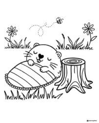 Sleepy Groundhog Coloring Sheet with Blanket and Tree Stump