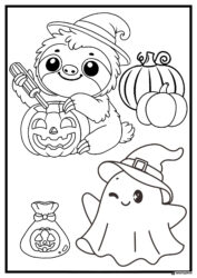 Sloth and Ghost Coloring Page with Pumpkins and Candy Bag