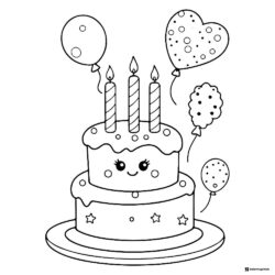 Smiling Birthday Cake Coloring Page with Balloons and Stars